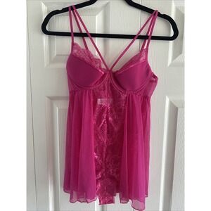 Lace Mesh‎ Babydoll Bodysuit Womens Size M Pink Lingerie Strappy